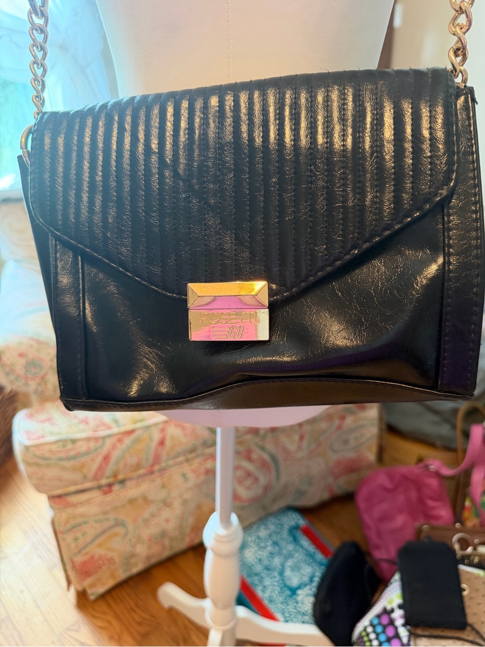Rossetti Black Quilted Envelope Shoulder Bag with Gold Chain